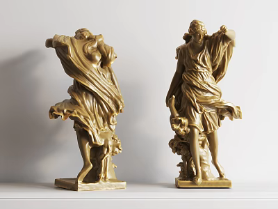 Classical Golden Landscape Sculptures with Flowing Robes and Figurine Design on Square Base 3d model