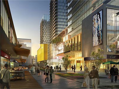 Vibrant Urban Commercial District With High Rise Buildings Pedestrians And Shops 3d model