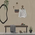 Entryway Bench with Checkered Blanket Books Fruit Wall Hanging Bag White Top Mirror and Plant