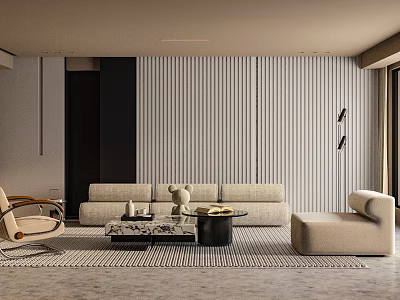 Modern Living Room With Vertical Slat Wall Beige Sofa Armchair And Coffee Table 3d model