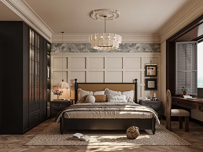 Elegant Modern Bedroom Interior With Paneled Walls Upholstered Bed Chandelier And Area Rug 3d model