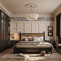Elegant Modern Bedroom Interior With Paneled Walls Upholstered Bed Chandelier And Area Rug