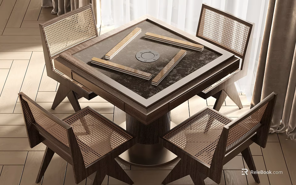 Modern Square Wooden Entertainment Table With Game Surface And Woven Chairs 3d model 