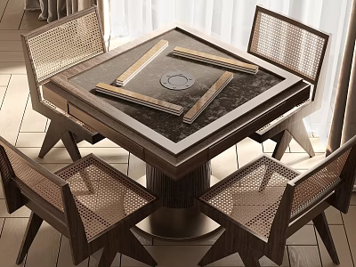Modern Square Wooden Entertainment Table With Game Surface And Woven Chairs 3d model