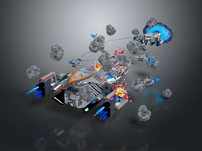 3D Spaceship Model Featuring Floating Asteroids Blue Energy And Explosions In Space 3d model