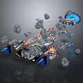 3D Spaceship Model Featuring Floating Asteroids Blue Energy And Explosions In Space