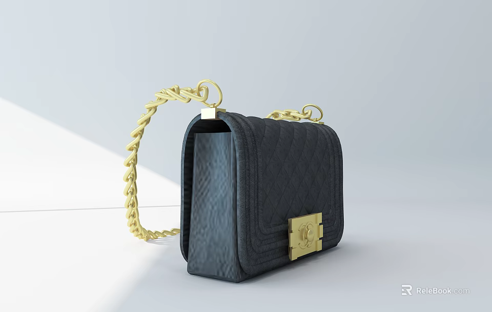 Stylish Black Quilted Handbag With Gold Chain Strap And Lock Detail 3d model 
