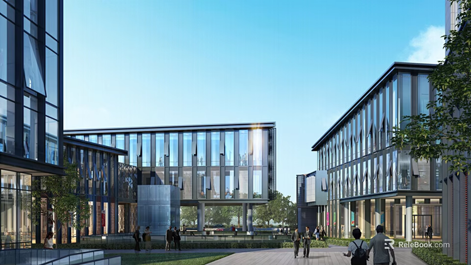 Modern Commercial Street With Glass Facade Buildings Pedestrian Walkway And Green Space 3d model 