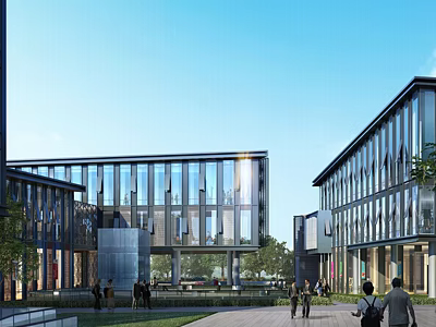 Modern Commercial Street With Glass Facade Buildings Pedestrian Walkway And Green Space 3d model