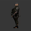 Muscular Tactical Character With Mechanical Arm Helmet Armor And Black Boots