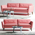 Pink Tufted Two Seater Sofa with Light Blue Coffee Table and Decorations on Patterned Rug 3d model