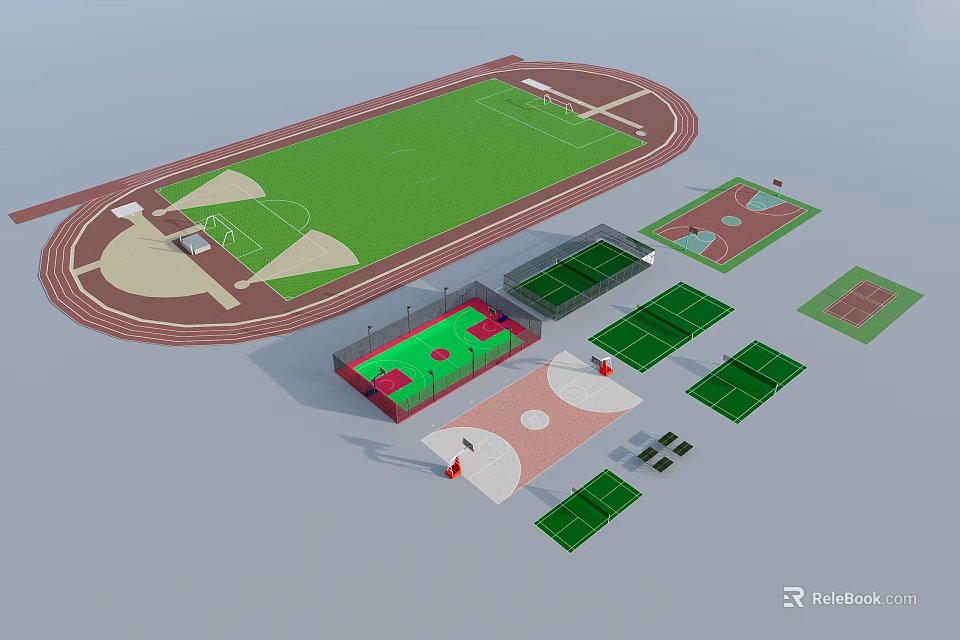Garden Ornaments In Sports Field With Running Track And Multi Sport Courts 3d model 