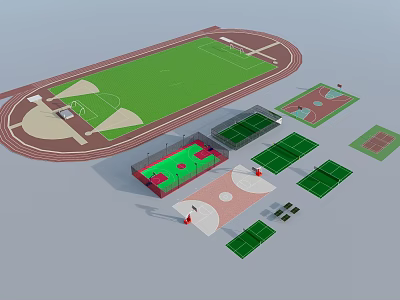 Garden Ornaments In Sports Field With Running Track And Multi Sport Courts 3d model
