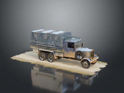 Vintage Truck With Canvas Covered Cargo Bed And Metal Structure On Light Sandy Ground 3d model