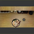 Wooden Kitchen Counter With Bowl Of Food Chopsticks Stainless Steel Thermos And Spice Bottles