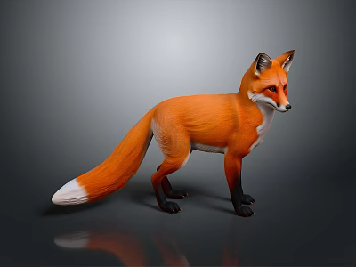 Realistic Red Fox With Orange Fur White Tipped Tail Black Legs Standing On Gray Background 3d model