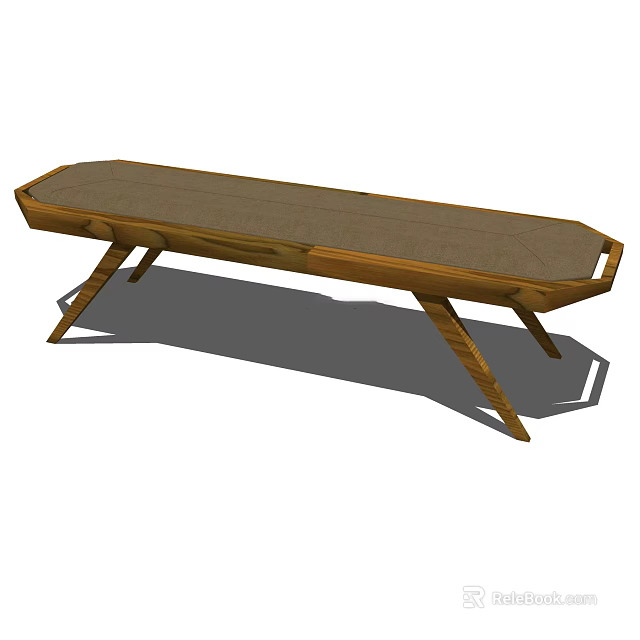 Wooden Bench With Soft Fabric Cushion And Modern Angular Legs Structure Design 3d model 