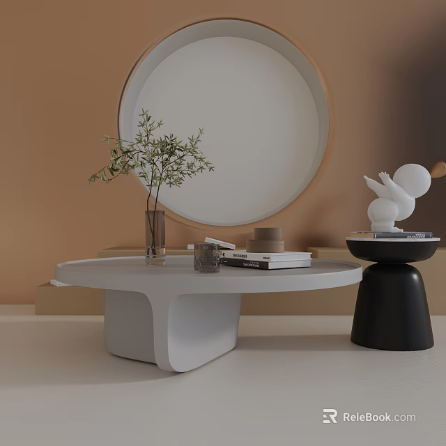 Modern Sofa and Coffee Table Set with White Black Tables Green Plant Books Round Mirror 3d model 