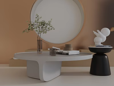 Modern Sofa and Coffee Table Set with White Black Tables Green Plant Books Round Mirror 3d model