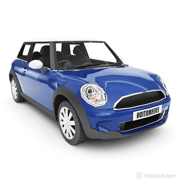 Blue Compact Car with White Roof Round Headlights and Stylish Front Design 3d model 