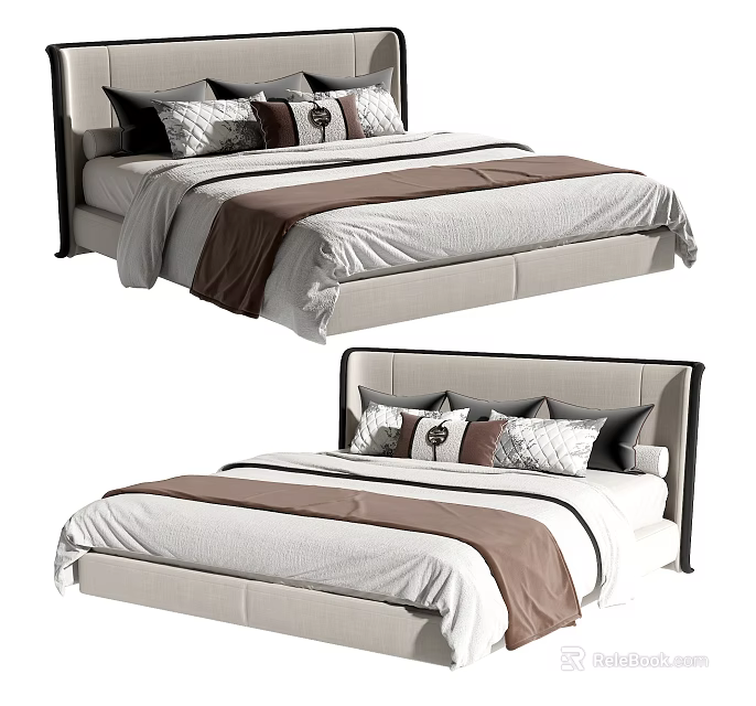Elegant Modern Double Bed With Upholstered Headboard Neutral Bedding And Decorative Pillows 3d model