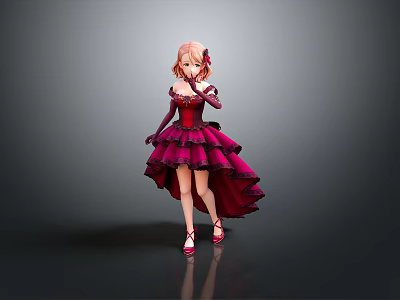 Child with pink hair wearing red layered dress red gloves and red shoes princess style 3d model