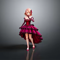 Child with pink hair wearing red layered dress red gloves and red shoes princess style