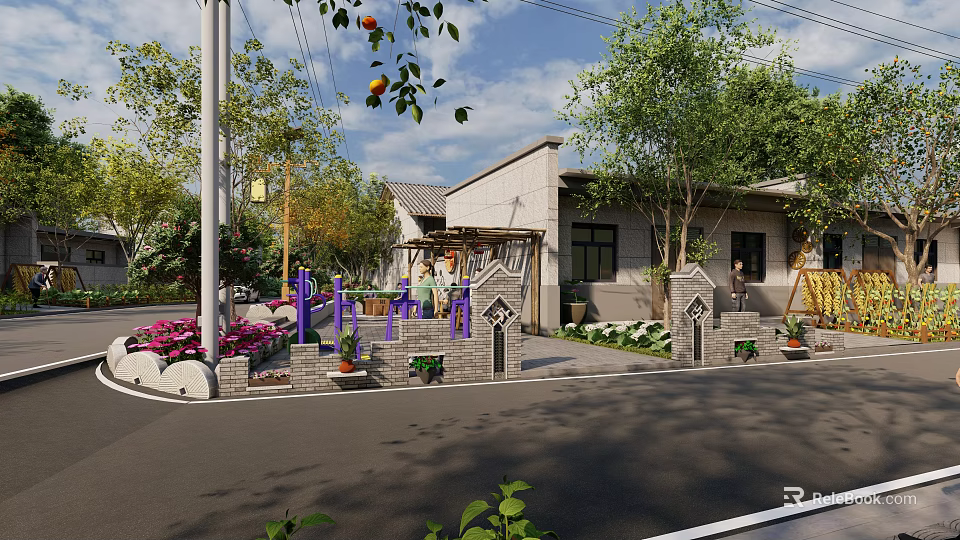Traditional Garden Landscape With Lush Green Plants Colorful Flowers And Stone Structures 3d model 