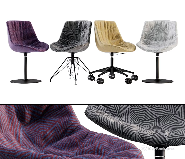 Velvet Upholstered Single Chairs with Caster Wheels and Patterned Fabric in Various Colors 3d model 