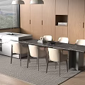 Modern Dining Table With Marble Surface Beige Chairs And Wooden Cabinets Near Window