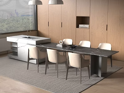 Modern Dining Table With Marble Surface Beige Chairs And Wooden Cabinets Near Window 3d model