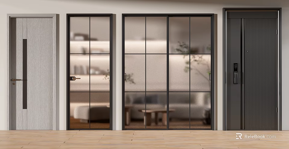 Modern Interior Hinged Door With Glass Panel And Black Frame Design 3d model