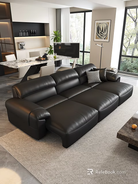 Modern Black Leather Sectional Sofa in Living Room with TV and Window View 3d model 
