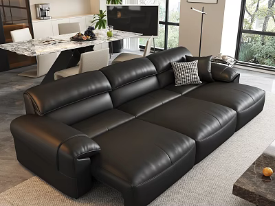 Modern Black Leather Sectional Sofa in Living Room with TV and Window View 3d model