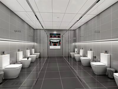 Modern Public Restroom Interior Design With White Toilets Tiled Walls And Bright Lighting 3d model