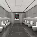 Modern Public Restroom Interior Design With White Toilets Tiled Walls And Bright Lighting