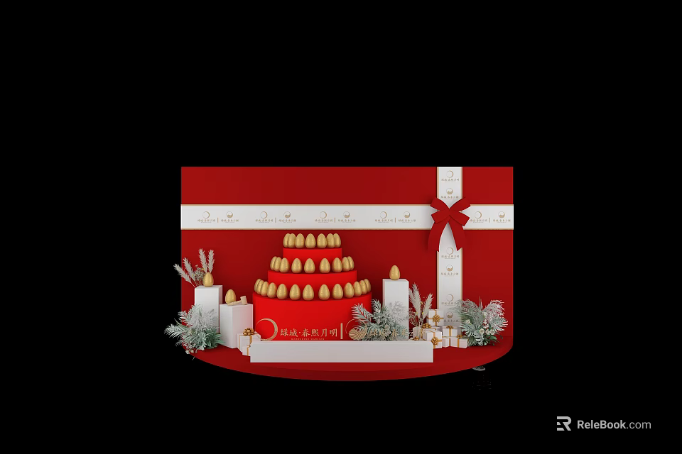 Commercial Display Equipment With Red Background Cake Tower Candles And Green Decor 3d model 
