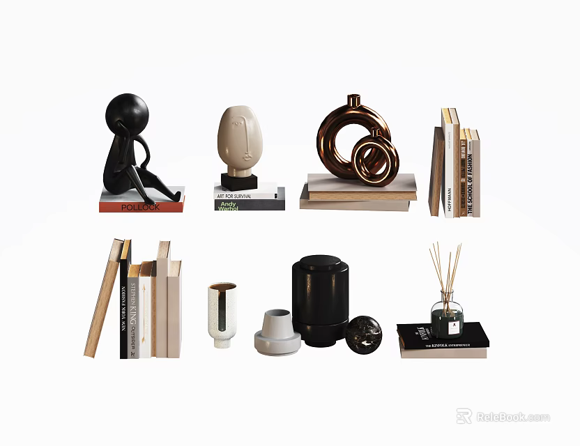 Elegant Decorative Ornament Set With Sculptures Books Diffuser And Modern Decor Pieces 3d model 