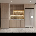 Wooden Kitchen Cabinets With Mosaic Backsplash Under Cabinet Lighting And Double Door Refrigerator In Modern Kitchen