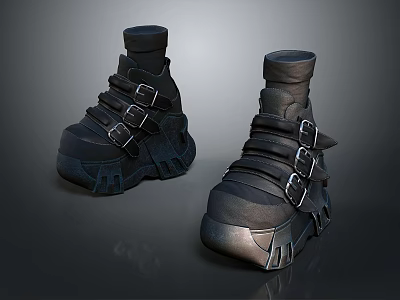 Stylish Black Boots With Thick Sole And Multiple Buckle Straps For Daily Wear 3d model