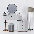 White Vanity Table With Round Mirror Cosmetic Bottles Stool And Floor Lamp 3d model