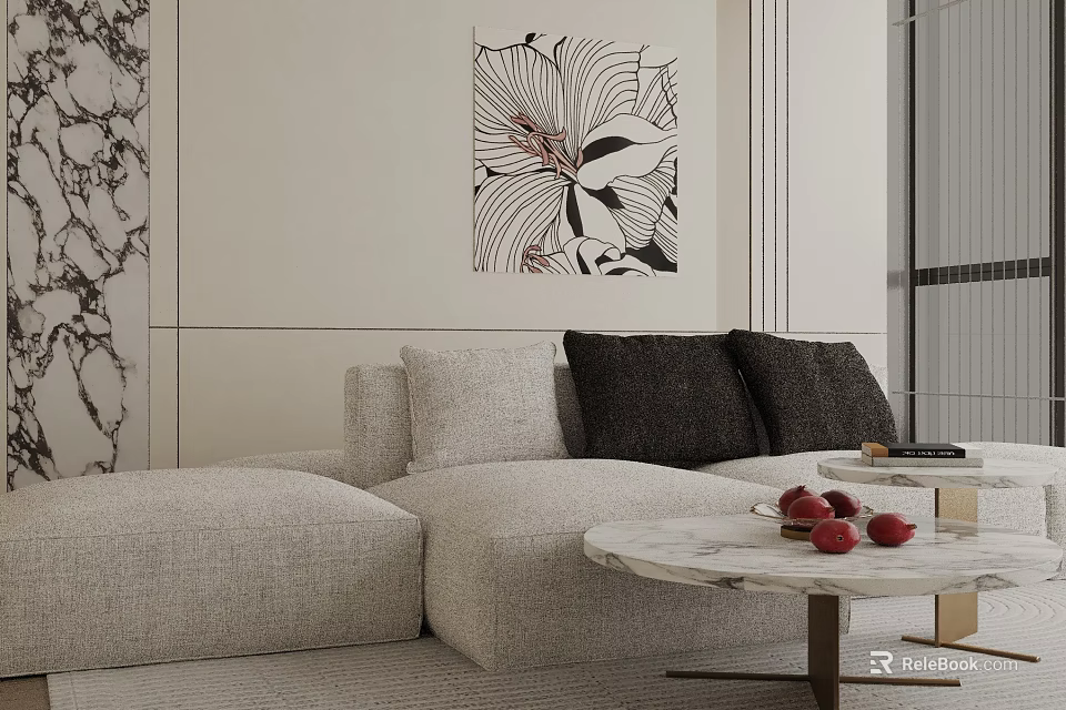 Light Gray Three Seater Sofa With Marble Wall Black White Floral Painting And Coffee Table 3d model 