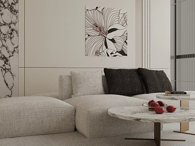 Light Gray Three Seater Sofa With Marble Wall Black White Floral Painting And Coffee Table 3d model