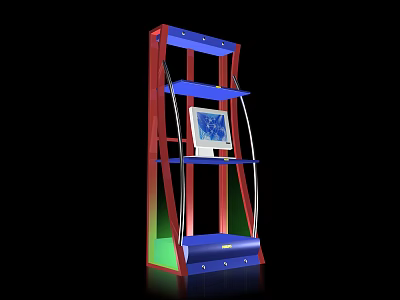Red Blue Frame Display Shelf Featuring Green Base And Monitor On Upper Tier 3d model
