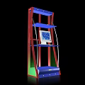 Red Blue Frame Display Shelf Featuring Green Base And Monitor On Upper Tier