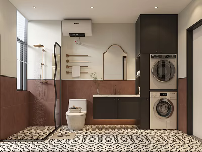 Modern Bathroom Interior With Toilet Shower Vanity Mirror Washing Machine And Patterned Tiled Floor 3d model