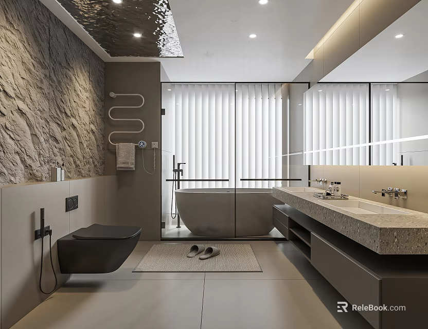 Modern Bathroom Interior Design With Stone Wall Freestanding Bathtub And Double Vanity 3d model 
