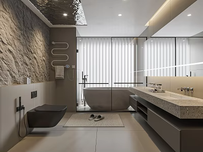 Modern Bathroom Interior Design With Stone Wall Freestanding Bathtub And Double Vanity 3d model