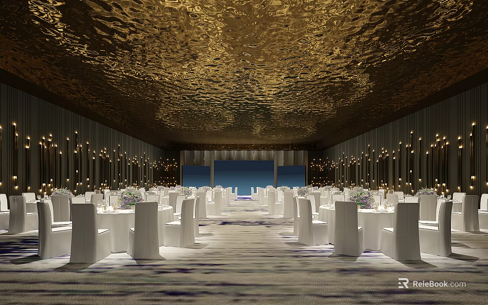 Luxurious Banquet Hall Interior With Golden Shimmering Ceiling White Tables And Chairs 3d model 