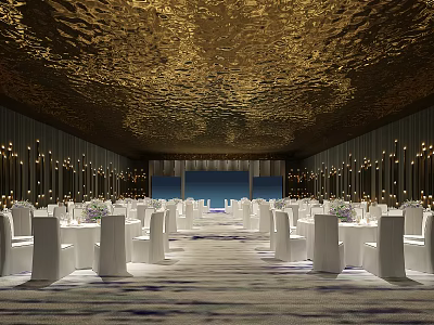 Luxurious Banquet Hall Interior With Golden Shimmering Ceiling White Tables And Chairs 3d model